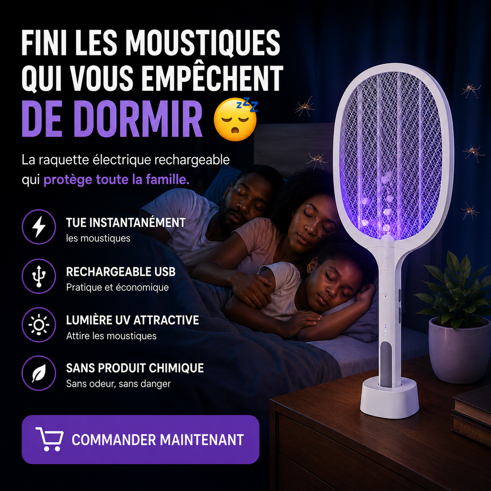 "NUITS PAISIBLES™ – La Raquette Électrique Rechargeable Qui Élimine Instantanément les Moustiques"